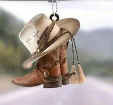 Car Rear View Mirror Acrylic Pendant Cowboy Boots Hat Hanging Ornament Fun Gift