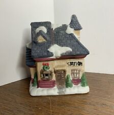 Vintage Ceramic Christmas Village Fire Station House Tealight Candle Holder