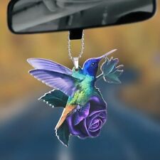 Hummingbirds On Purple Roses Car Rear View Mirror Ornament Hanging Charm