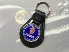 Round Printed Saab Logo Black Leather Key Ring 93 95 Sonett 900 3-3 9-5