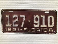 1931 Florida License Plate 127-910 Dmv Clear Ford Coupe Roadster Chevy Buick