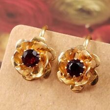 Vintage Jewelry 14kt Gold Filled Garnet Glass Flower Earrings Signed Amco