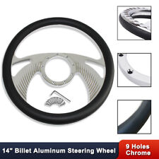 Chrome 14 Aluminum Wings Steering Wheel 9 Holes W Half Wrap Black Leather