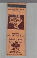 Matchbook Cover Bear Wheel Alignment Ford Dealer - Robert L. Rose Havelock Nc