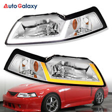Pair Chrome Headlights Assembly W Led Drl Tubes For 1999-2004 Ford Mustang New