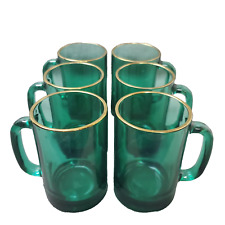 Vintage Mid-century Mug Glass Adults 4 Emerald Green Gold Rim X 6 Cups Retro
