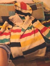 Vintage Hudson Bay Rare Wool Blanket 4 Point Heavy Striped Coat With Hood Xl