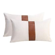 Set Of 2 White Linen Patchwork Faux Leather Throw Lumbar Pillow Covers For Co...