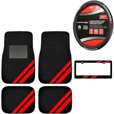 New 6pc Dodge Red Stripe Car Truck Black Floor Mats Steering Wheel Cover Set