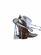 Rear View Mirror Hanging Ornament Brown Boots White Cowboy Hat