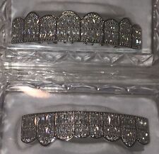14k Silver Baguette Cz Iced Out Grillz Top Bottom Teeth Set Blinged Out Grills