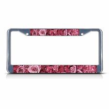 Pink Rose Flowers Chrome Metal License Plate Frame Tag Holder
