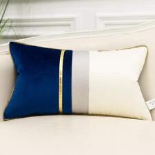 12 X 20 Inches Navy Blue White Gold Leather Striped Patchwork Velvet Cushion Cas