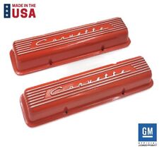 Orange Finned Corvette Script Valve Covers For Small Block Chevy - With Holes