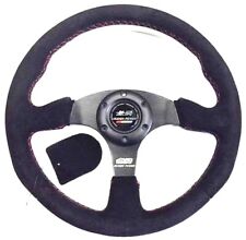Mugen 350mm Suede Leather Red Stitch Flat Racing Steering Wheel Fit For Momo Hub