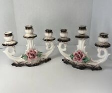 Vintage Capodimonte Porcelain Candelabra Candle Holder Rose Floral Italy As Is