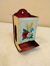 Vintage Tin Wall Mount Stick Match Box Holder With Red Flowers