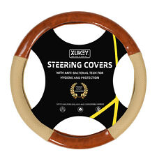 Car Steering Wheel Cover Wood Grain Beige Leather Breathable Non-slip 38cm 15