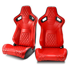 2 X Universal Jdm Red Diamond Leather Rear Black Carbon Fiber Racing Seats Pair