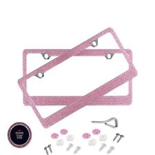 2 Pcs Bling 7 Rows Pink Crystal Metal License Plate Frame Pink Ringfree Caps