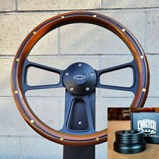 14 Black Billet Steering Wheel Wood Mahogany Brass Rivet 1974-94 C10 Pickup