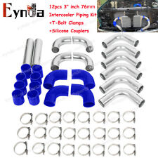 3 In 76mm Aluminum Universal Intercooler Turbo Piping Blue Hose T-clamp Kits