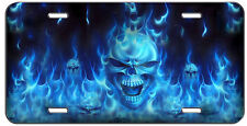 License Plate Blue Flaming Skulls Auto Tag