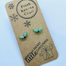 Handmade Metallic Holly And Berries Christmas Stud Earrings Hypoallergenic
