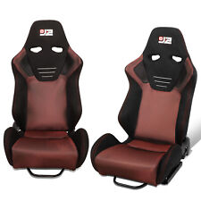 J2 Pair Black Suede Red Stitch Reclinable Back Bucket Racing Seats W Sliders