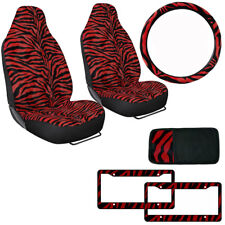Safari Red Zebra Print Car Truck Front Seat Covers Steering Wheel Cover Set