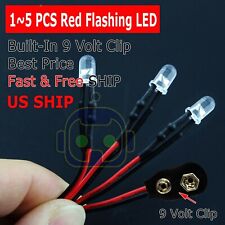 15 Pre Wired 5mm Led 9 Volt Red Flashing On Snap 9v Battery Clip Blink Flashing
