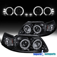 Fits 1999-2004 Ford Mustang Halo Projector Headlights Led Bar Glossy Black Pair
