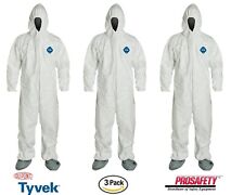 3- Dupont Tyvek Disposable Protective Coverall Clean Paint Spray Suit Hood Boots