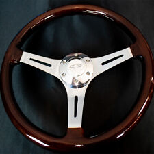 14 Inch Chrome Polished Steering Wheel Dark Wood 3-spoke With Chevy Horn Button