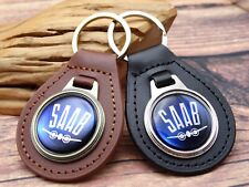 Rare Vintage Blue Saab Genuine Leather Key Fob Chain Ring Automotive Car Truck