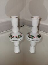 Vintage Christmas Holly Fine Porcelain Candlestick Holders Gold Trim 4 Tall