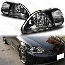 Fit 96-98 Honda Civic Jdm Black Housing Headlights Wclear Reflector Lamps 2pcs