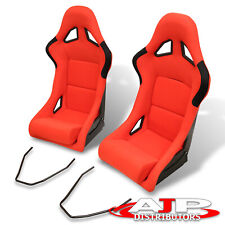 2x Universal Red Lightweight Cloth Racing Fixed Bucket Seats W Sliders Rails