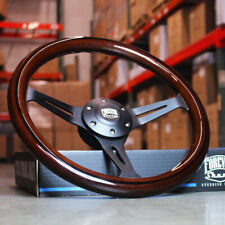 14 Inch 350mm Black Steering Wheel With Dark Wood Grip 6 Hole Classic Chevy